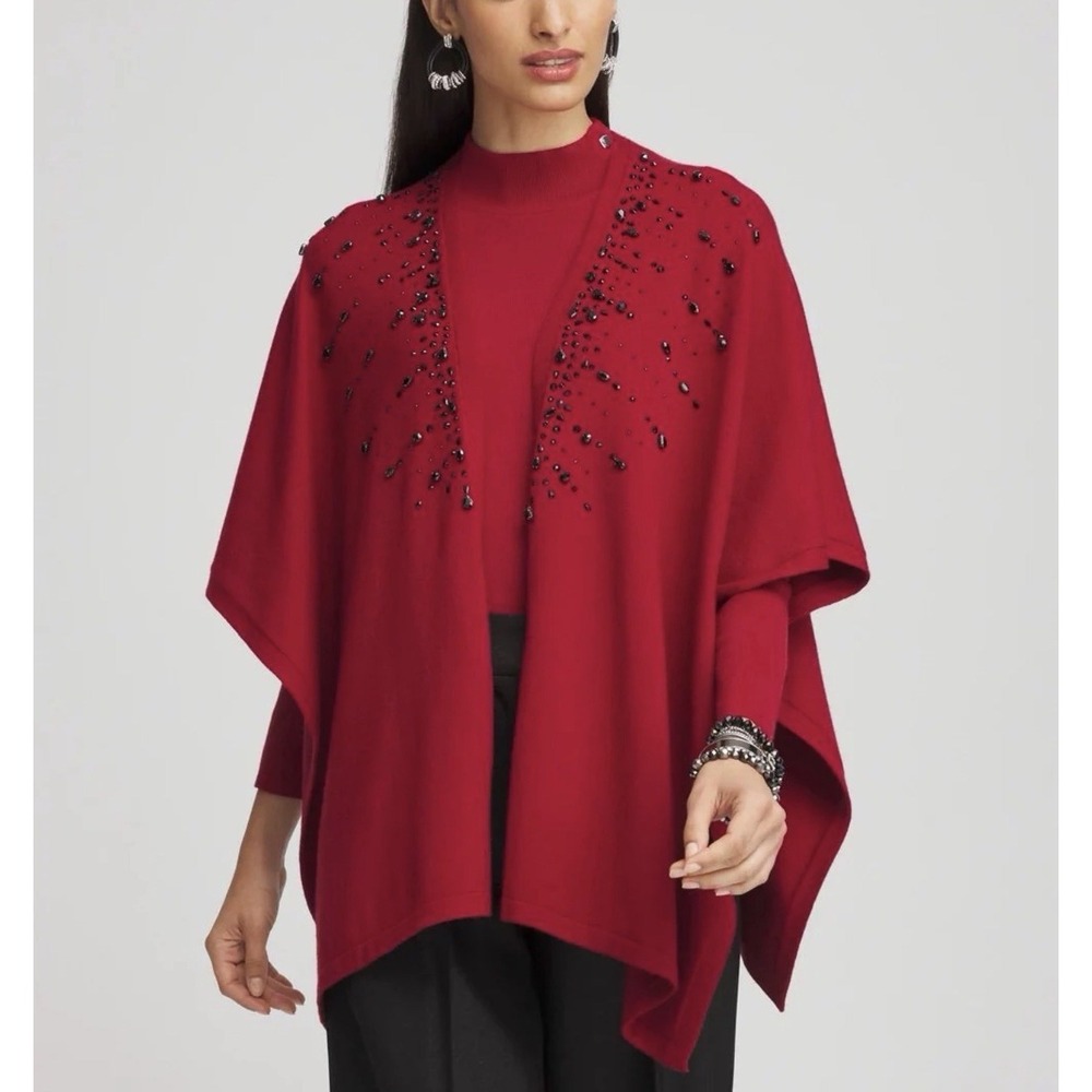 Chicos Size-S-M Womens‎ Poncho Ruana Knit Embellished Knit Red Allure